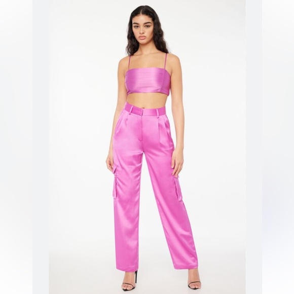 Dynamite Pants - Dynamite Izabel pink Satin 2 piece outfit cargo pants sz 6 and bandeau top L